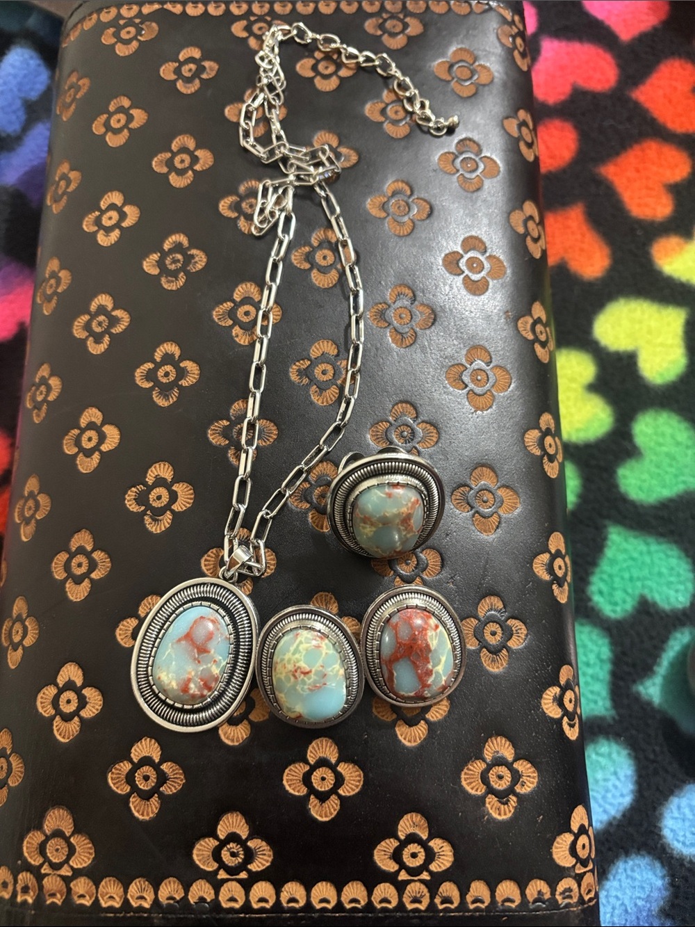 Sterling Silver Turquoise Matrix Pendant Necklace and Ring Set - Blue/Green